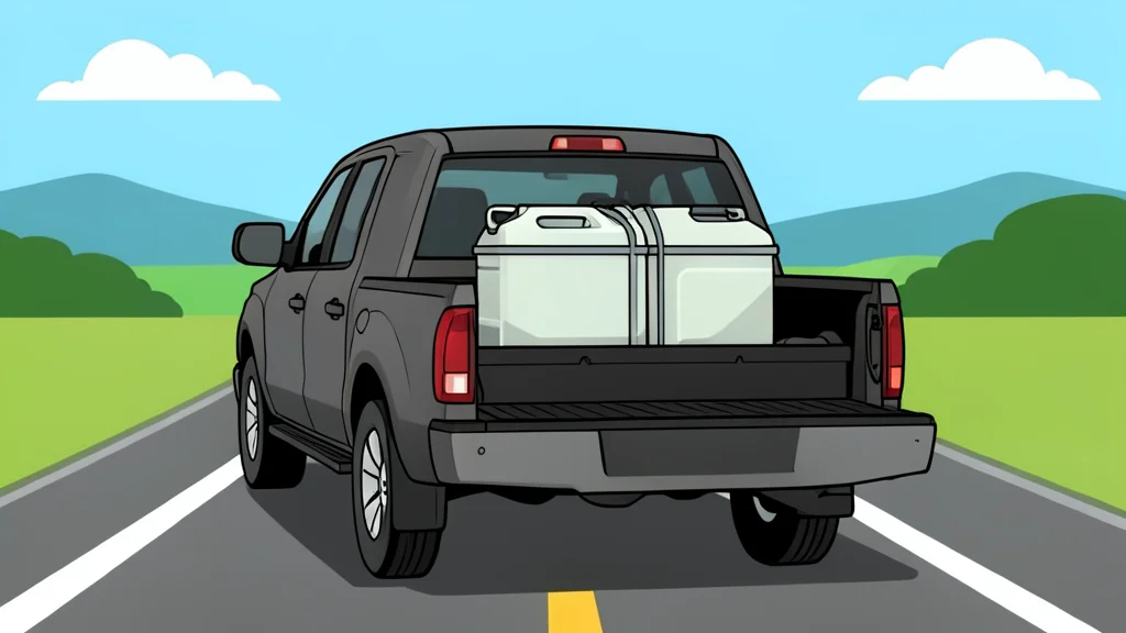 A portable plastic water tank sitting in the bed of a pickup truck on a rural highway