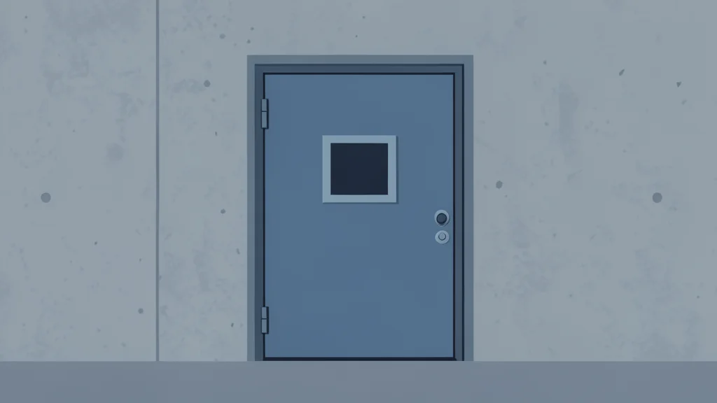 A closed metal door with a small window, set within a concrete wall