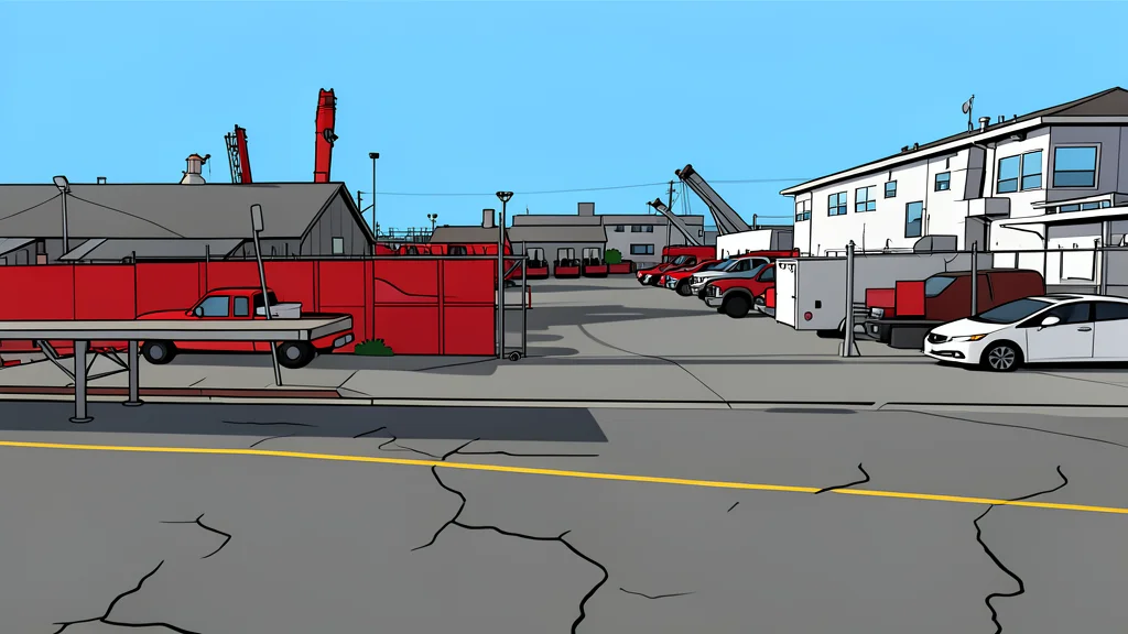 A large, modern industrial building with a flat roof and rows of ventilation units, situated on a waterfront with a view of the bay.