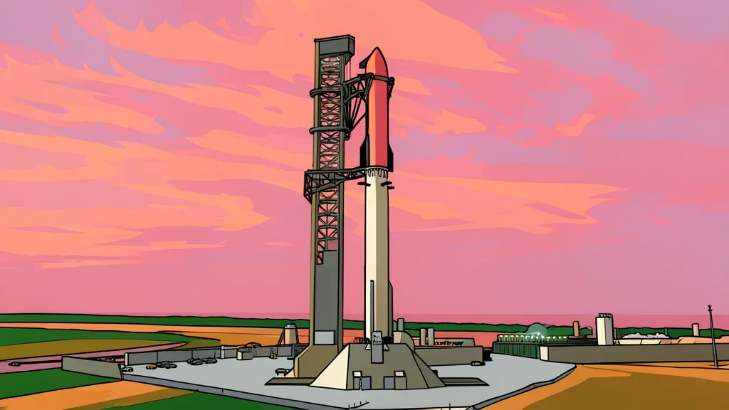 A massive silver metallic rocket standing vertically on a concrete launch pad against a clear blue sky