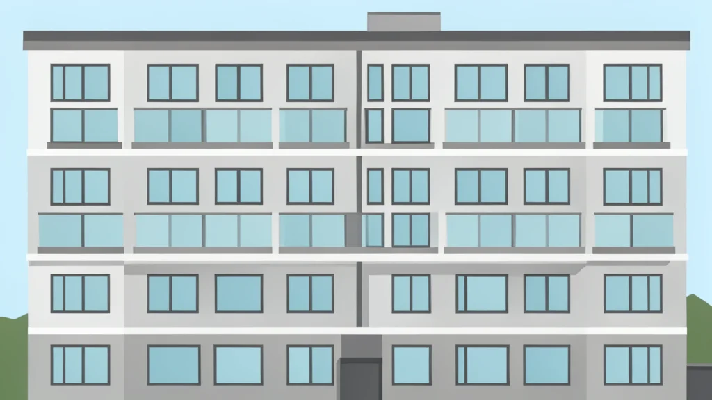 A modern multi-story apartment building facade with rows of windows and balconies.