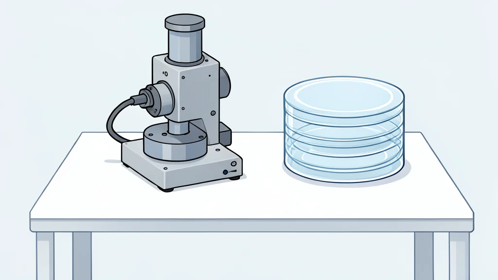 A clean, white laboratory bench with a complex optical inspection machine and glass wafers