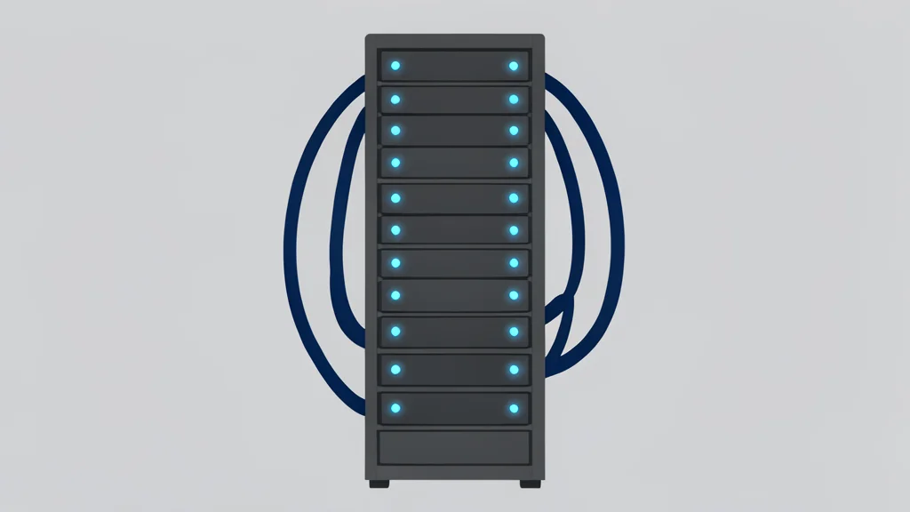 A large server rack with glowing blue lights and thick cables