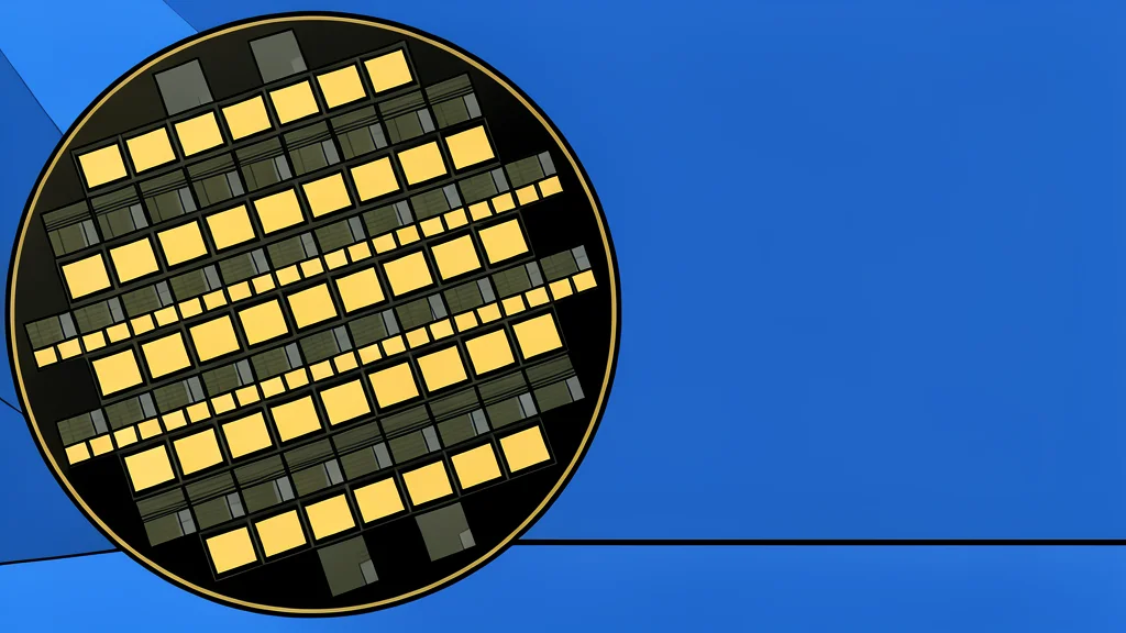 A cross-section of a layered electronic component showing stacked silicon wafers and metallic contacts