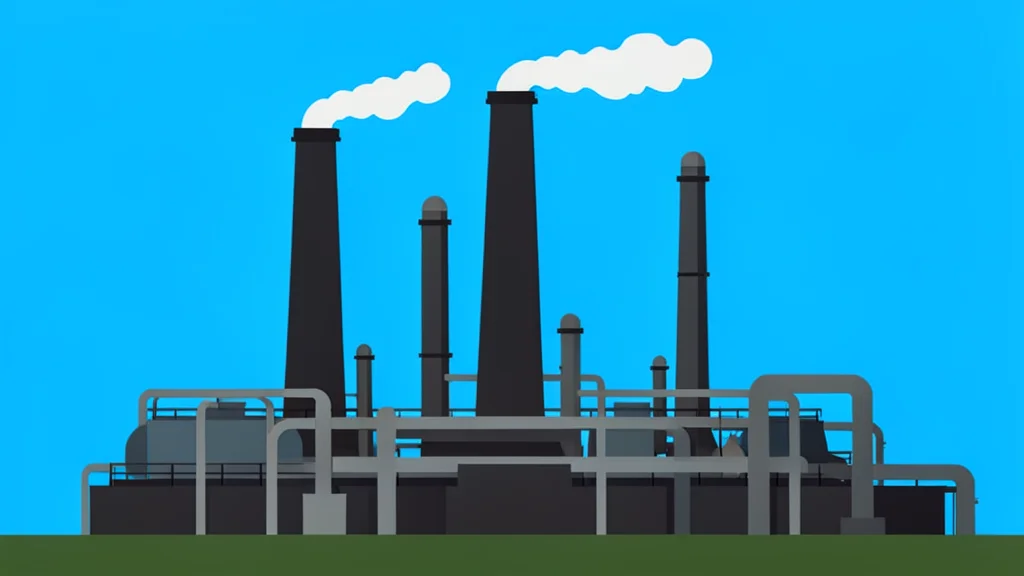 A large industrial oil refinery with tall smokestacks and complex piping structures against a clear sky.