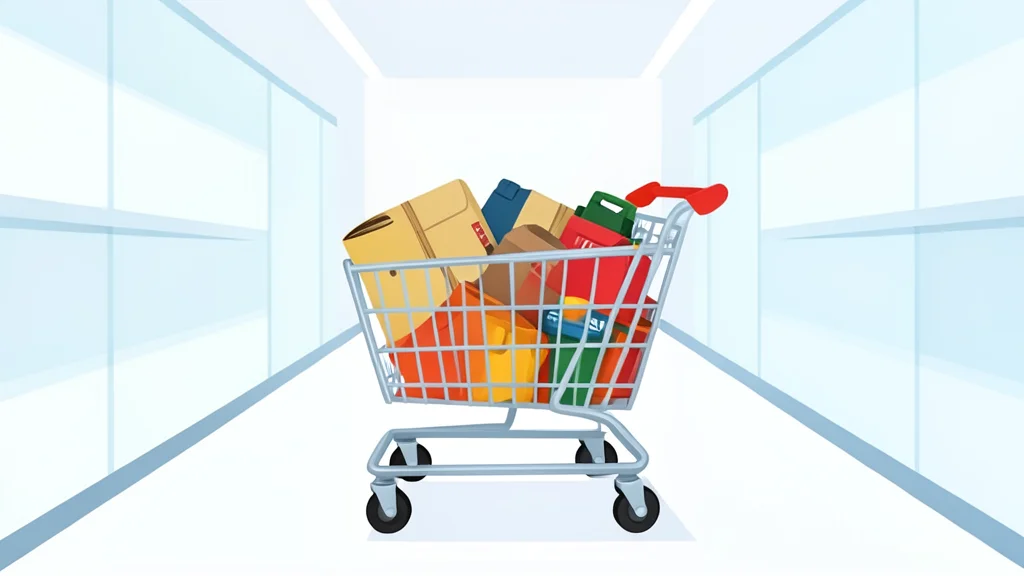 A modern shopping cart filled with generic goods in a bright, empty retail aisle