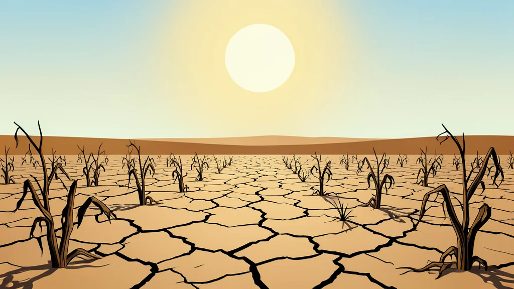 A dry, cracked earth field with sparse, withered crops under a harsh sun