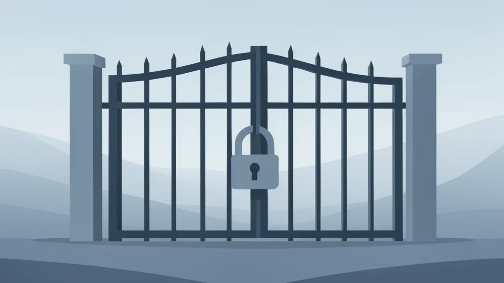 A large, heavy iron gate with a padlock, standing in a foggy landscape