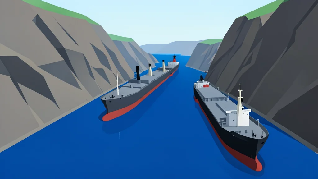 A flat vector illustration of large tankers moving through a narrow water channel with steep rocky cliffs on either side.