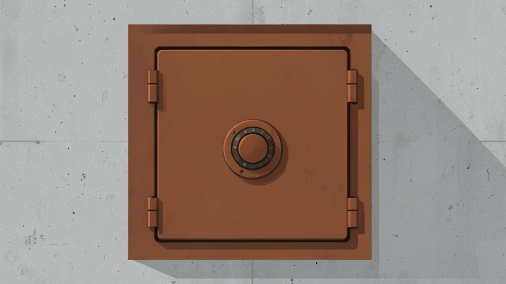 A heavy, rusted steel vault door with a large combination lock mechanism, set into a concrete wall.