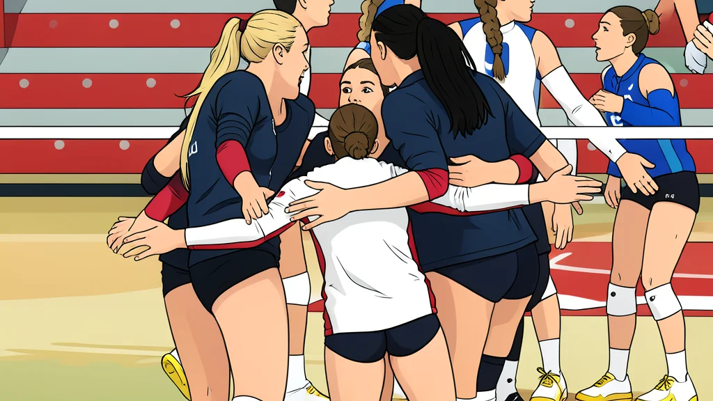 A white volleyball resting on a polished wooden gymnasium floor near a net post