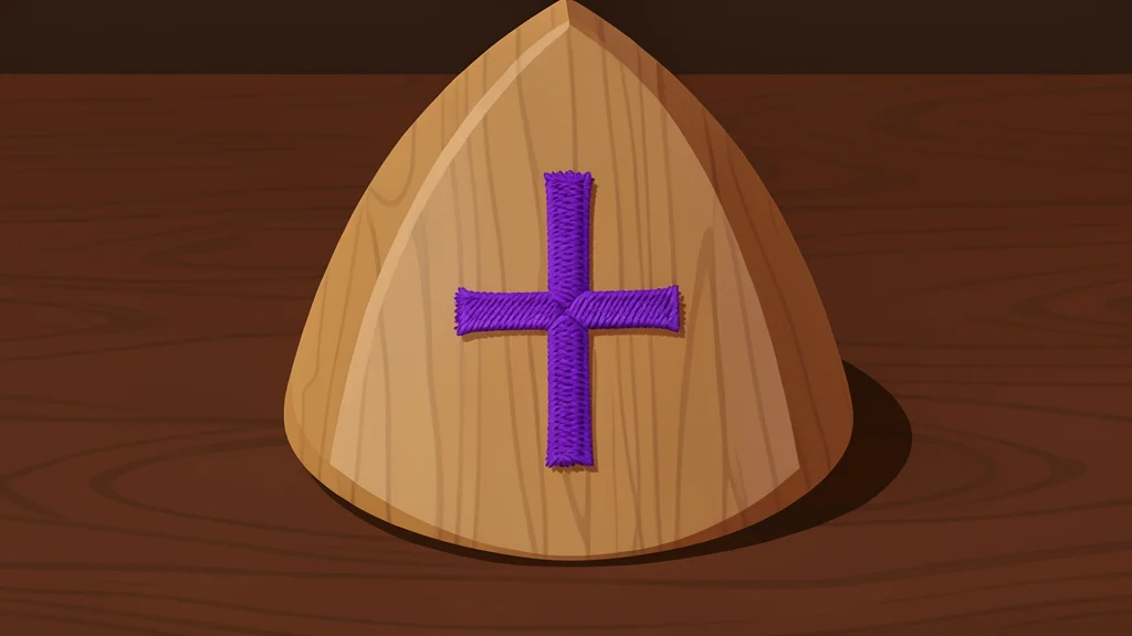 A wooden pulpit in a church sanctuary with a microphone stand