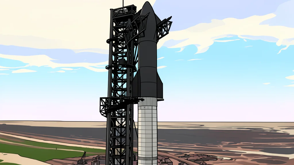 A large, metallic rocket booster standing vertically on a launch pad against a clear sky