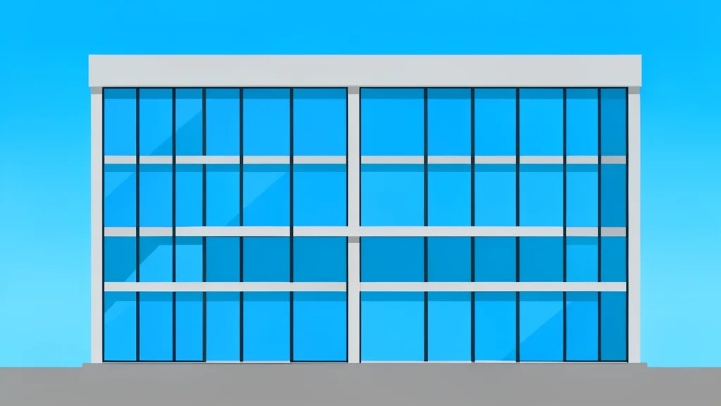A modern office building with glass windows reflecting a clear sky