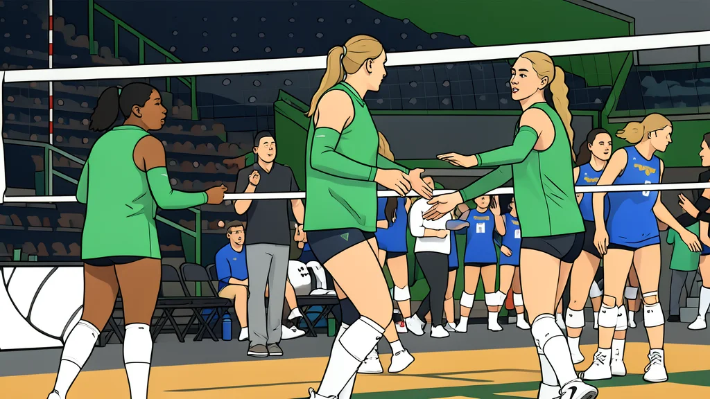A white volleyball resting on a polished wooden gymnasium floor near a net post