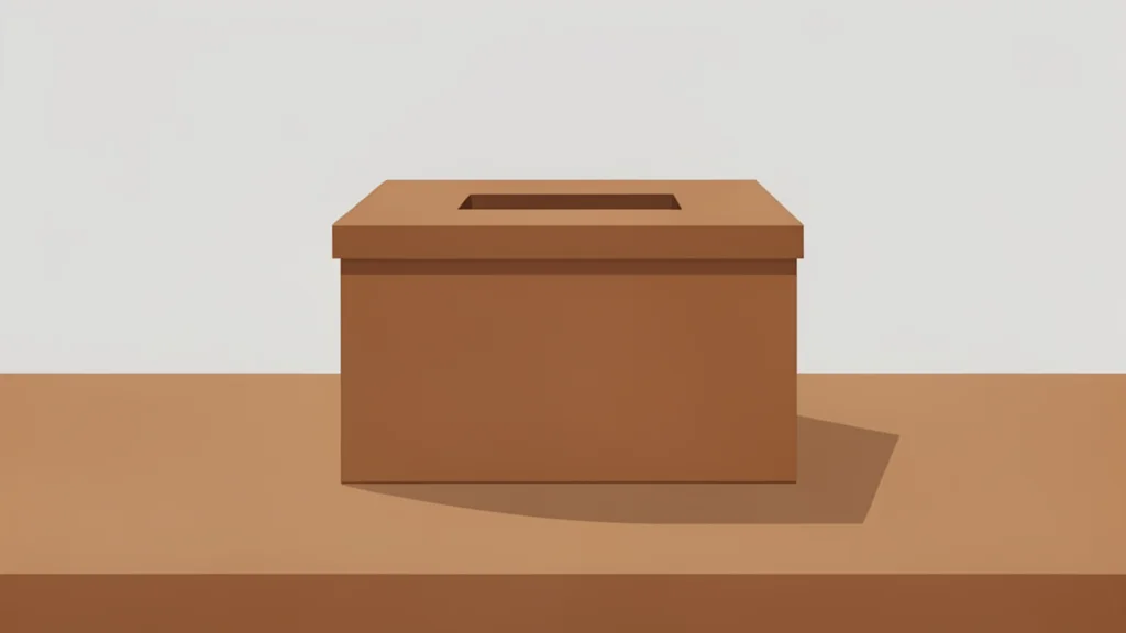 A wooden ballot box with a slot on top, sitting on a table in a quiet room.