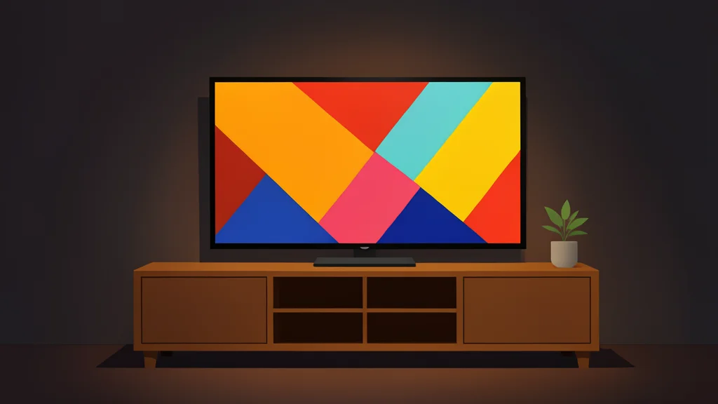 A modern flat-screen television displaying a colorful abstract pattern, sitting on a wooden media console in a dimly lit living room.