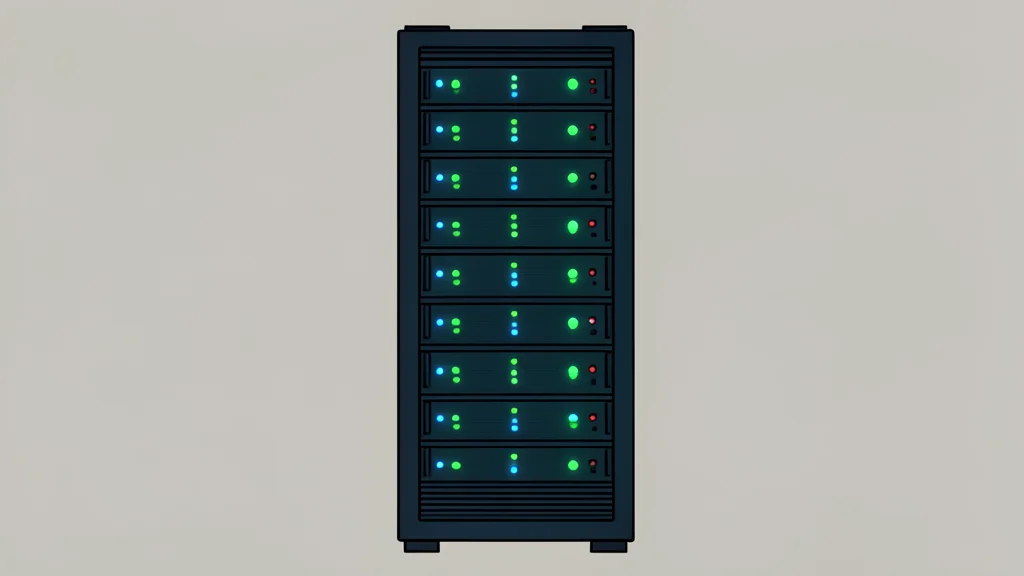 A server rack with blinking status lights