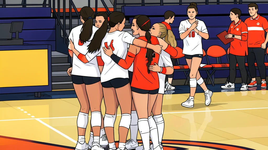 A white volleyball resting on a polished wooden gymnasium floor near a net post