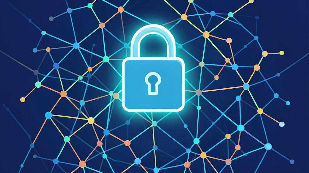 A glowing digital padlock floating above a complex network of interconnected nodes