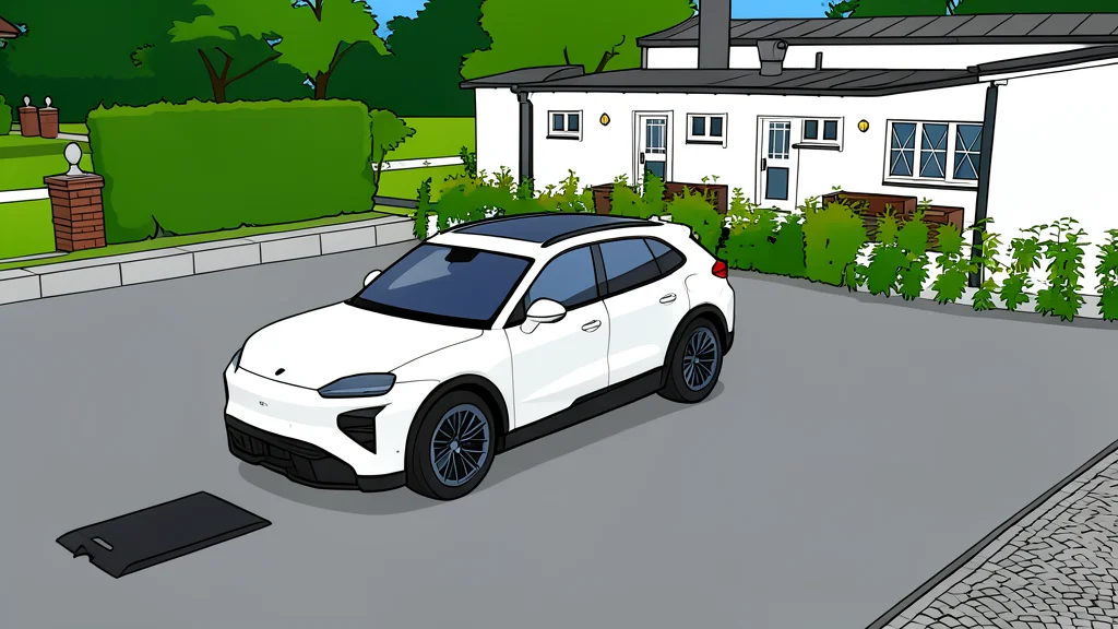 A sleek electric SUV parked over a flat, circular charging pad embedded in a concrete driveway