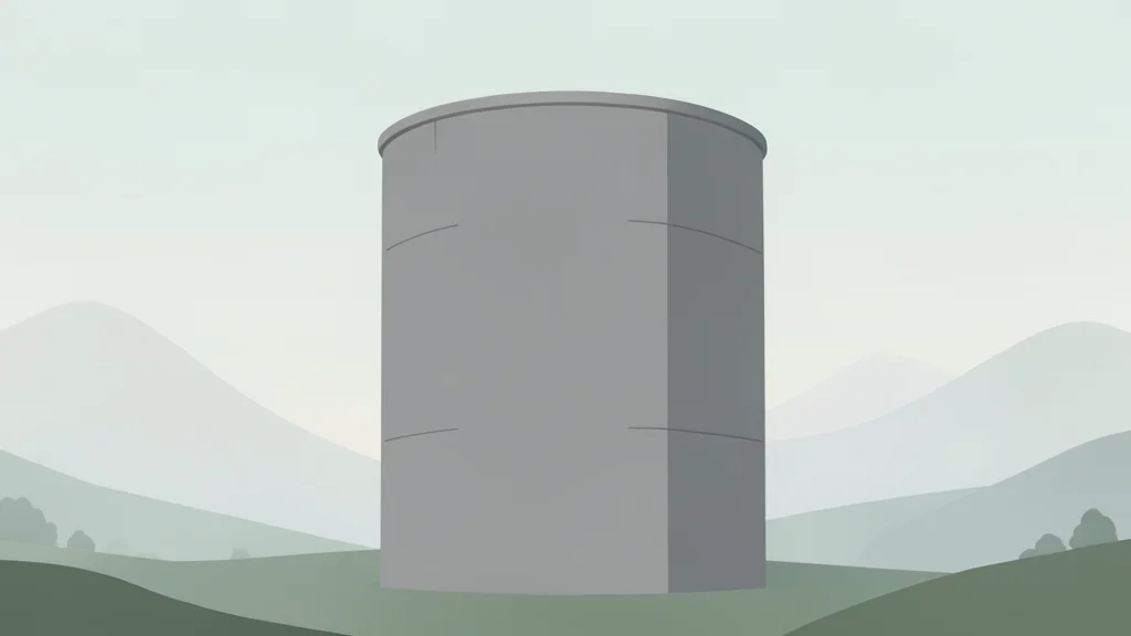 A large, cylindrical concrete containment structure typical of a nuclear reactor facility, standing isolated in a misty landscape.