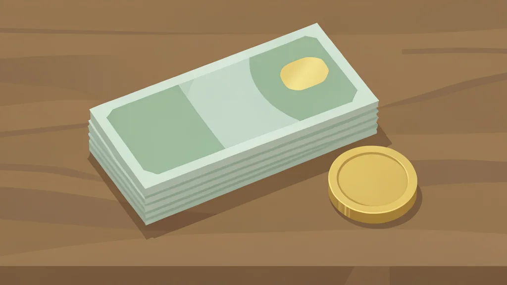 A stack of paper currency bills and a gold coin resting on a wooden desk