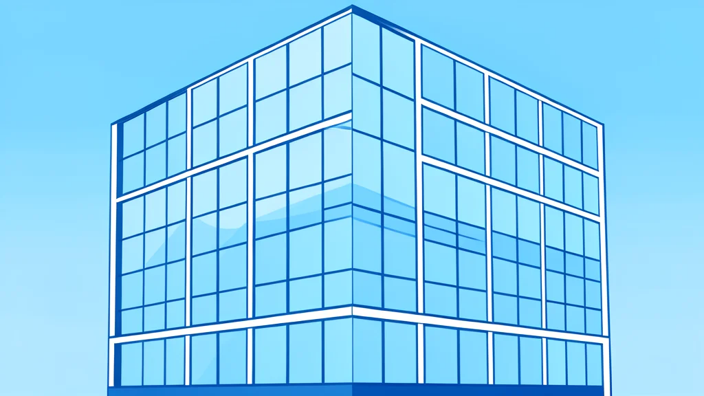 A modern glass office building with a grid-like facade reflecting the sky
