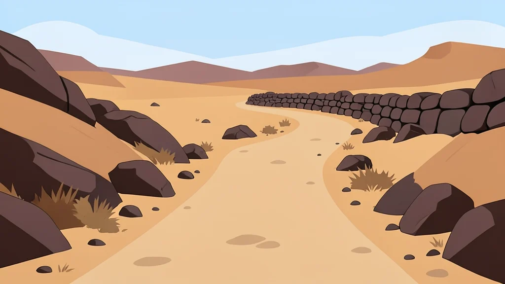 A dusty, unpaved road winding through a dry, rocky landscape with low stone walls in the distance.