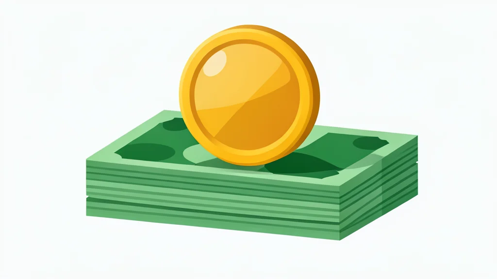 A digital coin resting on a stack of physical currency