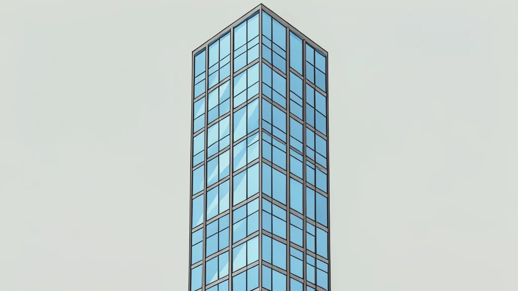 A modern glass skyscraper with a grid-like facade reflecting the sky