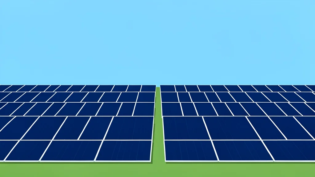 A field of large, dark blue photovoltaic panels arranged in rows under a clear sky