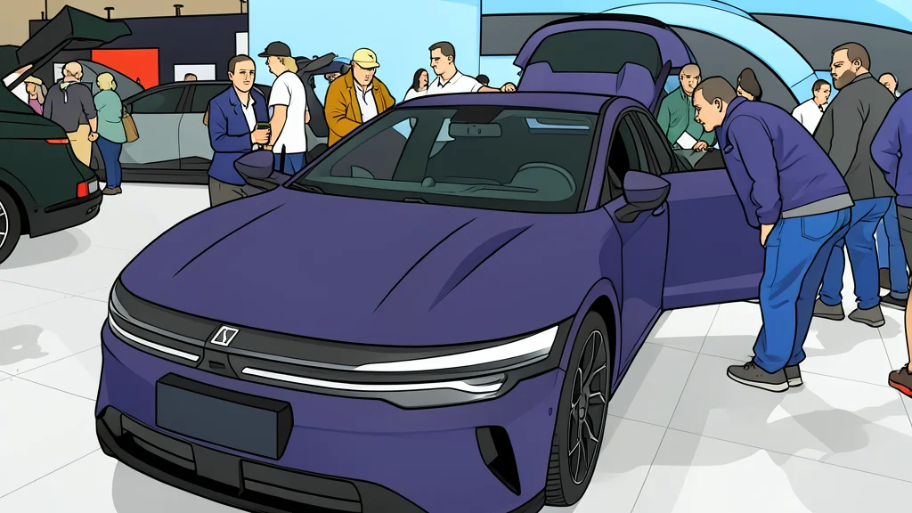 A row of modern electric vehicles parked on a paved exhibition floor under bright industrial lighting