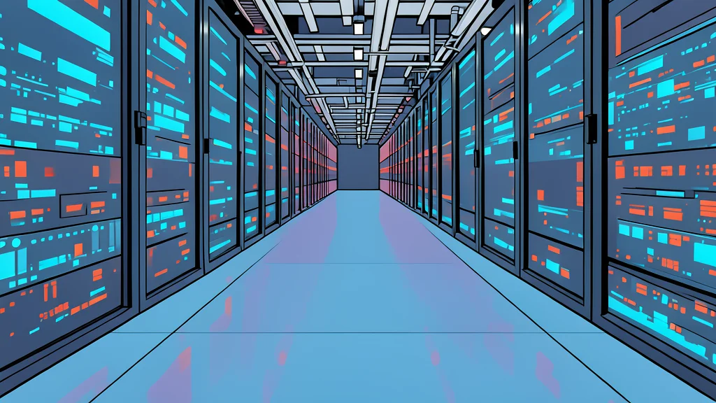 A vast modern server room with rows of black racks and glowing blue status lights