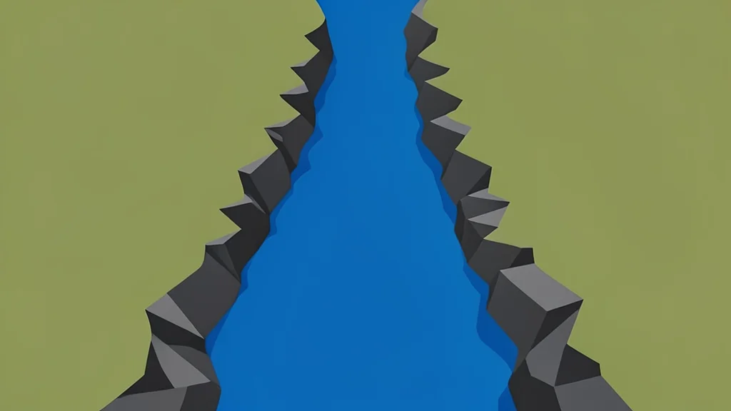 A narrow, rocky strait connecting two large landmasses with deep blue water flowing through the center