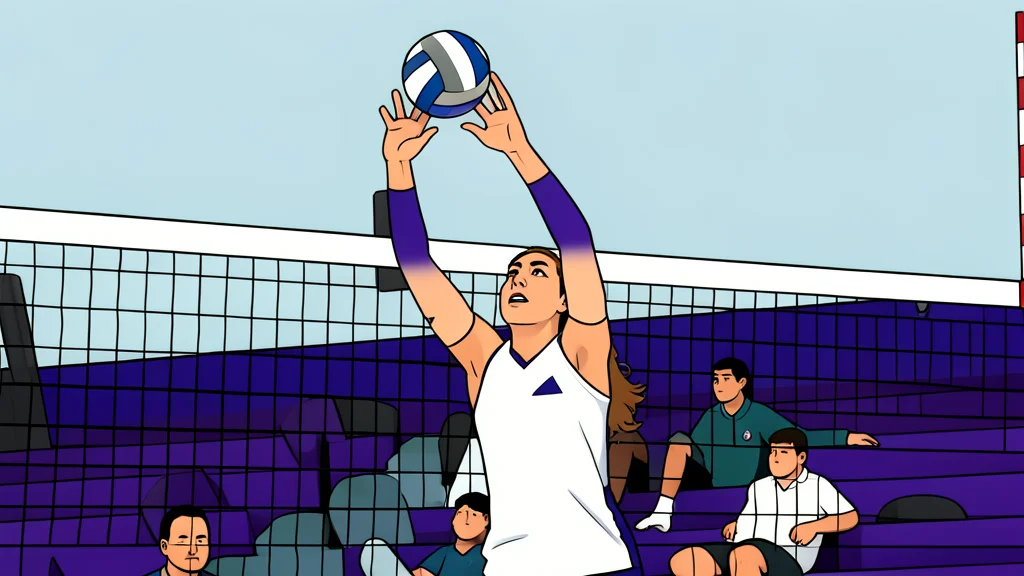 A white volleyball resting on a blue indoor court surface near the net tape