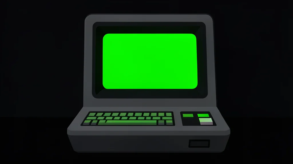 A vintage computer terminal with a green screen glowing in a dark room