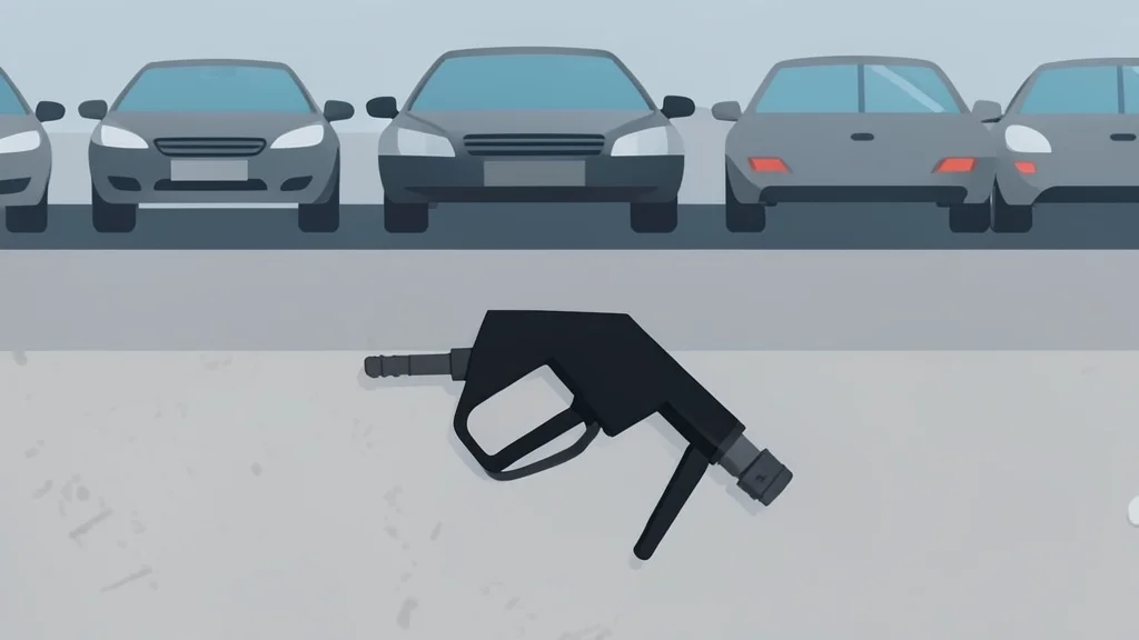 A fuel pump nozzle resting on a concrete surface next to a row of parked cars