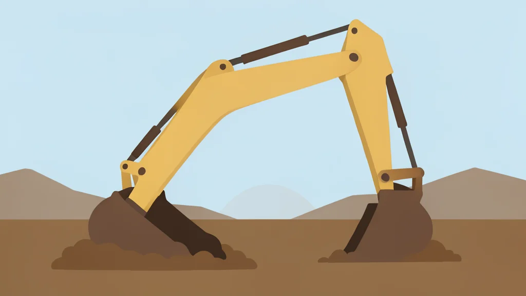 A heavy-duty excavator arm resting on a dirt construction site