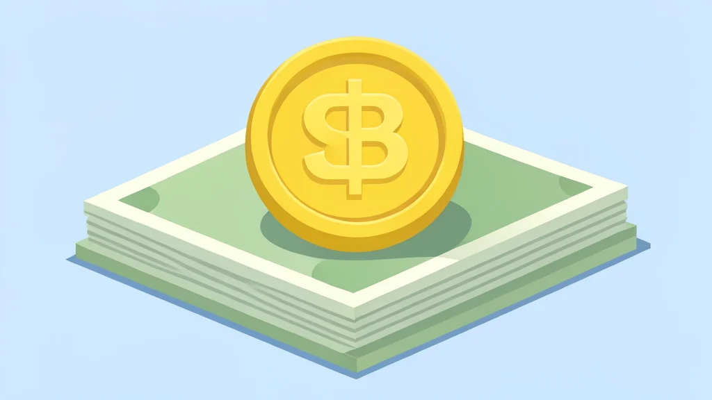 A flat vector illustration of a digital coin resting on a stack of physical paper currency.