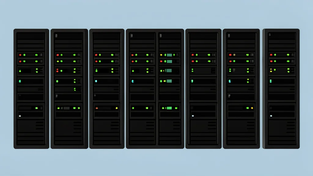 A server room with rows of black computer racks and blinking status lights
