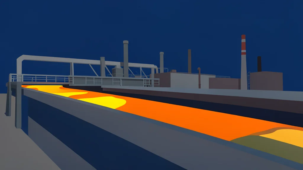 A large industrial steel mill with glowing molten metal flowing through a channel