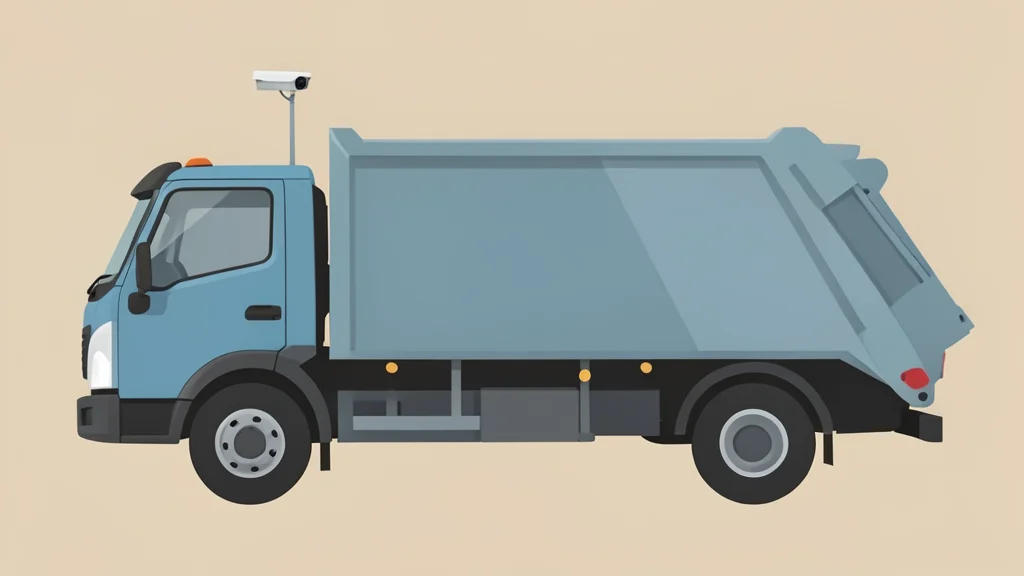 A sleek surveillance camera mounted on the side of a large municipal garbage truck