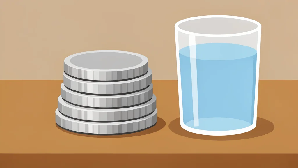 A stack of silver coins resting on a wooden desk next to a glass of water