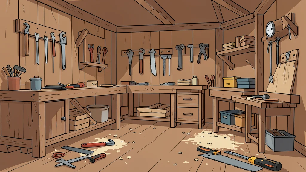 A weathered wooden carpentry workshop with scattered tools and sawdust on the floor