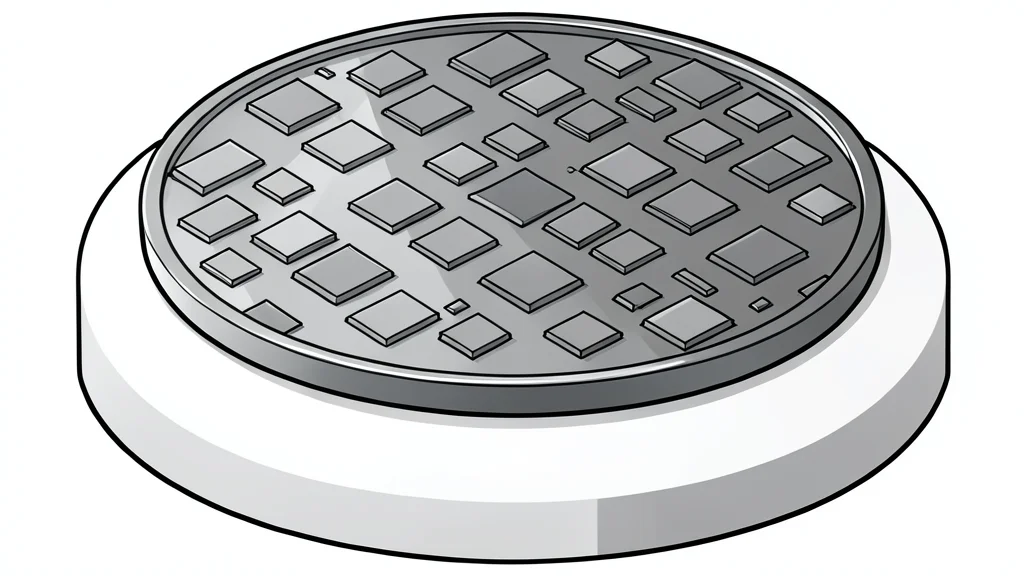 A close-up view of a complex silicon wafer with intricate circuit patterns