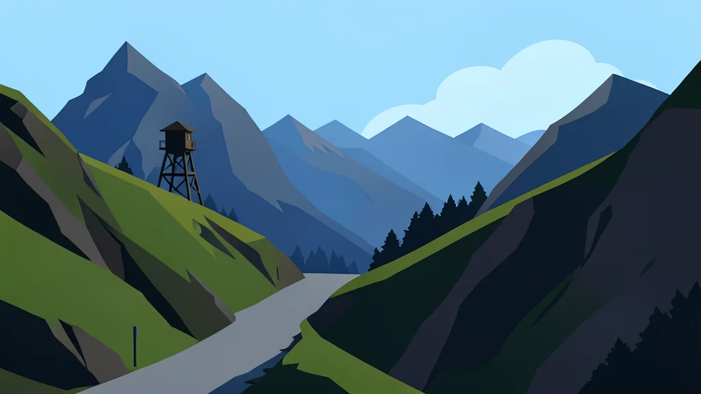 A rugged mountain pass along a border line with a single watchtower