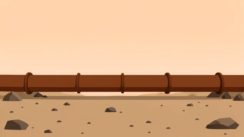 A long, rusted steel pipeline stretching across a dry, rocky desert landscape under a hazy sky.