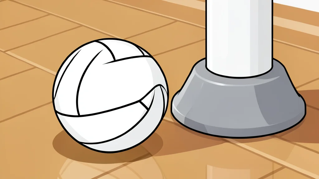 A white volleyball resting on a polished wooden gymnasium floor near a net post