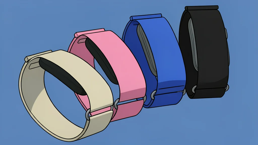 A sleek, curved fitness band resting on a wooden surface next to a pair of running shoes